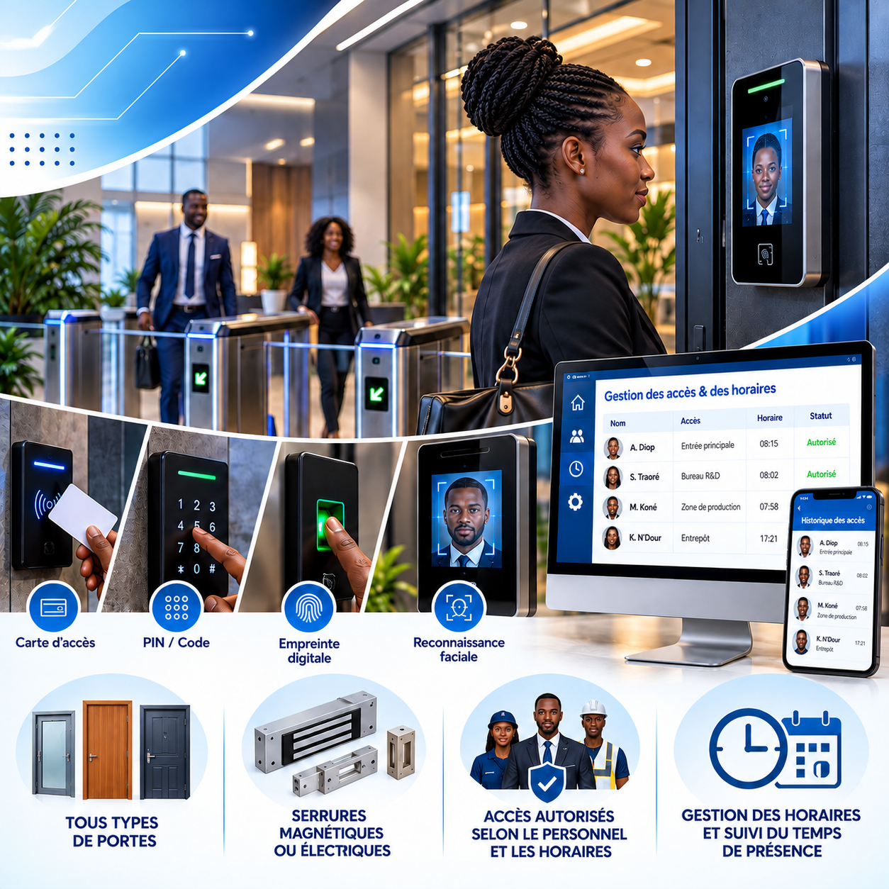 Solutions de contrôle d’accès par carte, code PIN, empreinte digitale et reconnaissance faciale